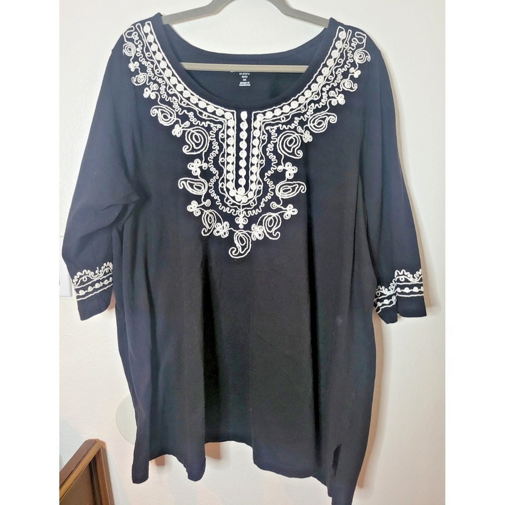 Black Embellished Pullover Top Scoop Neck Tunic Sz 3X 100% Cotton Woman Within